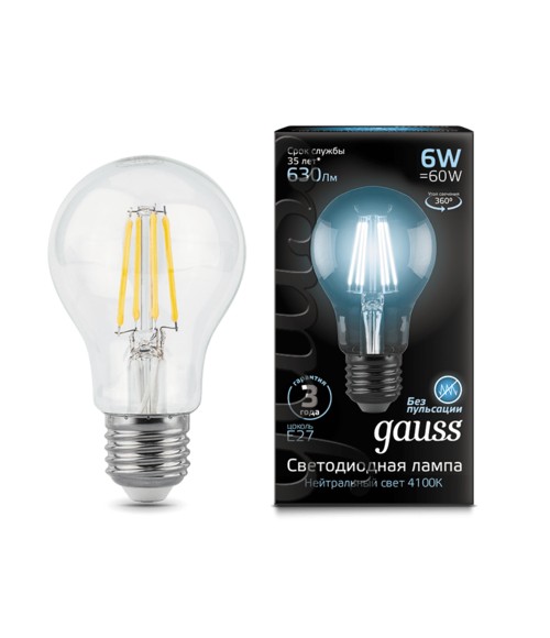 Лампа Gauss LED 102802206 Filament A60 E27 6W 4100К