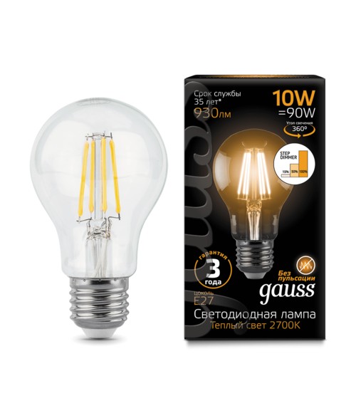 Лампа Gauss LED 102802110-S Filament A60 E27 10W 2700К step dimmable