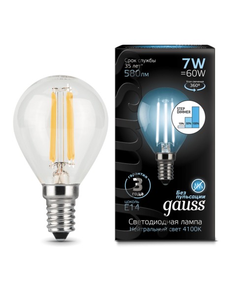 Лампа Gauss LED 105801207-S Filament Globe E14 7W 4100K step dimmable
