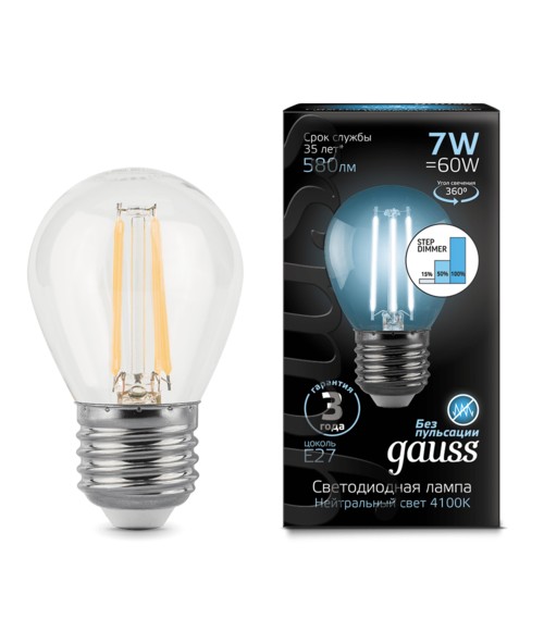 Лампа Gauss LED 105802207-S Filament Globe E14 7W 4100K step dimmable