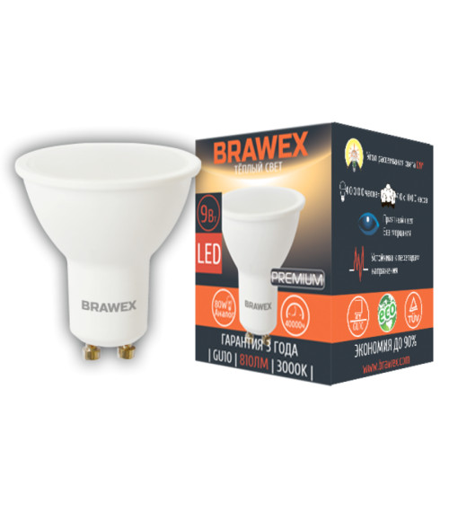 Светодиодная лампа BRAWEX MR16 GU10 9Вт 3000k